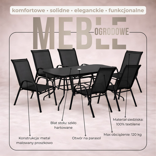 Meble ogrodowe metalowe zestaw dla 6 osób stół 120 cm szkło hartowane i 6 krzeseł czarne
