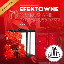 Miś z płatków róż czerwony 22 cm rose bear z kokardką i lampkami LED biały ciepły