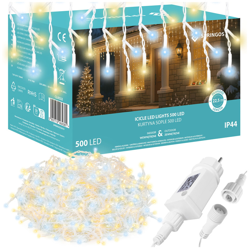 Kurtyna świetlna 500 led girlanda, lampki wewnętrzno-zewnętrzne sople biały zimny biały + ciepły biały flash