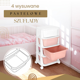 Regał na zabawki z 4 szufladami, pojemnik na kółkach, mobilny orgaznizer różowo-biały