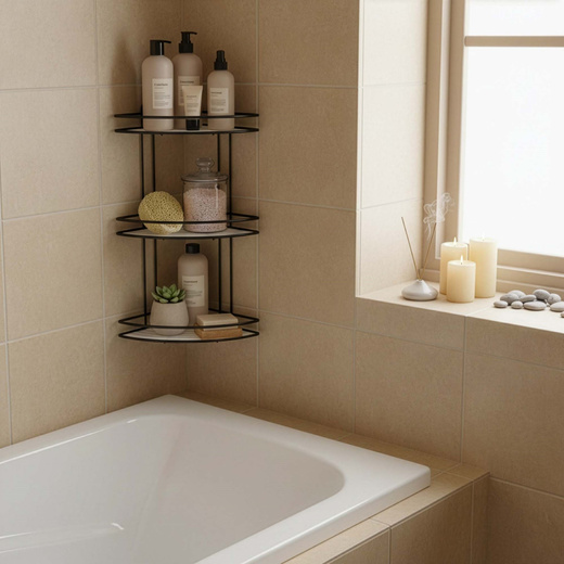 Półka łazienkowa narożna pod prysznic 3 poziomy, wisząca, czarna