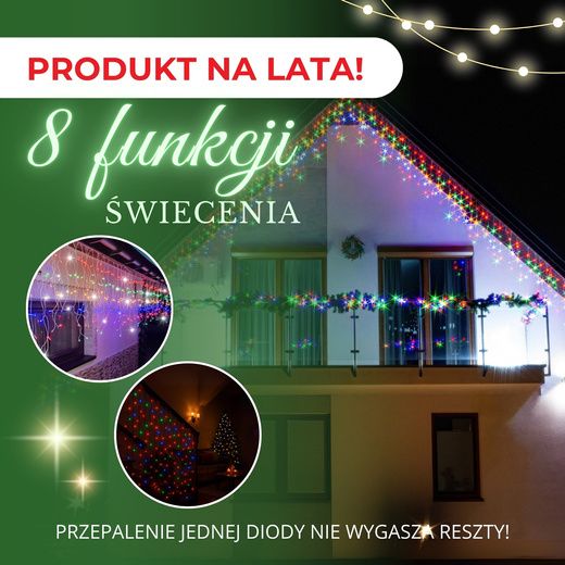 Kurtyna świetlna 1500 led girlanda, lampki wewnętrzno-zewnętrzne 67,5m sople multikolor