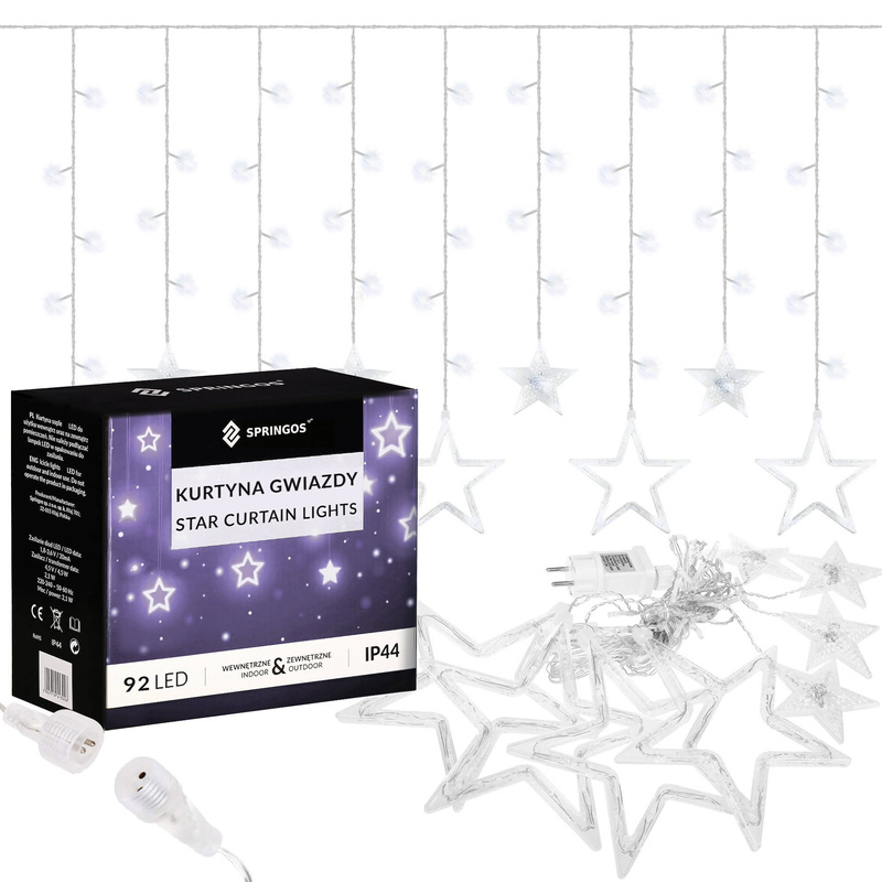 Kurtyna świetlna 92 led girlanda gwiazdki, lampki wewnętrzno-zewnętrzne sople zimny biały