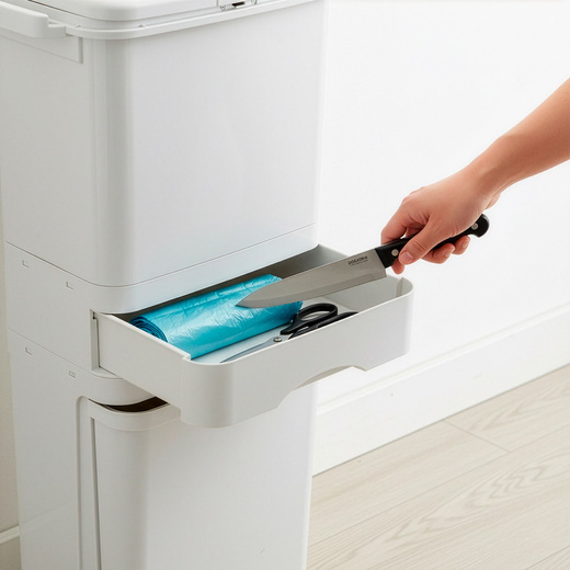 Kosz na śmieci, trzykomorowy 42 l do segregacji odpadów, na kółkach, biały