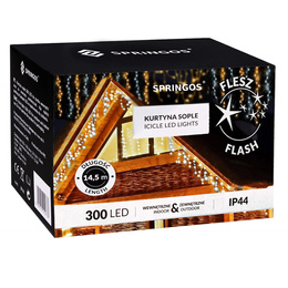 Kurtyna świetlna 300 led girlanda, lampki wewnętrzno-zewnętrzne sople biały ciepły + biały flash