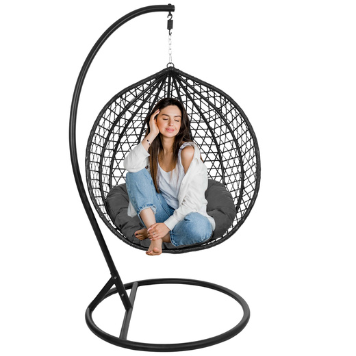 Kokon ogrodowy rattanowy z poduszkami fotel wiszący bujak huśtawka na metalowym stelażu czarna