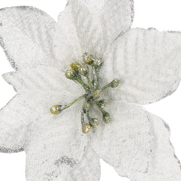 Gwiazda betlejemska, sztuczny kwiat poinsecja srebrna z brokatem, na klipsie