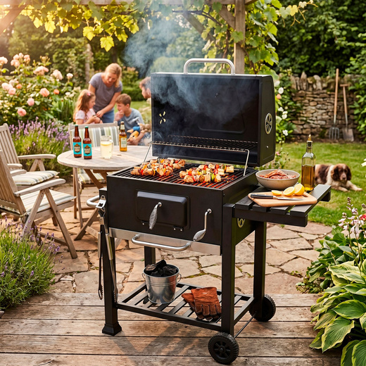 Grill węglowy, ogrodowy z pokrywą, termometr, ruszt emaliowany