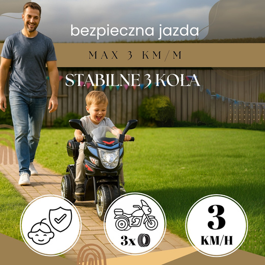 Motocykl dla dzieci, elektryczny jeździk trójkołowy, motorek na akumulator, czarny