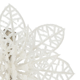 Gwiazda betlejemska, sztuczny kwiat, poinsecja ażurowa, biała z brokatem na klipsie