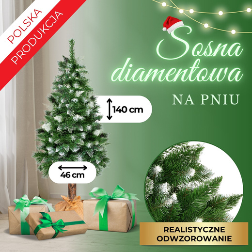 Choinka na pniu 140 cm sztuczna sosna diamentowa ośnieżona premium ze stojakiem i jutą