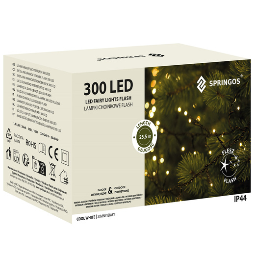 Lampki choinkowe 300 led zimny biały, flash niebieski 25,5 m oświetlenie świąteczne IP44