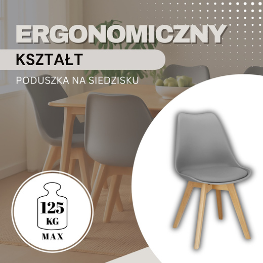 Krzesło skandynawskie do kuchni salonu jadalni Verde tapicerowana poduszka szare