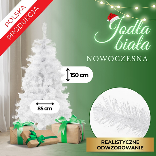 Choinka sztuczna 150 cm jodła biała nowoczesna jak żywa, ze stojakiem