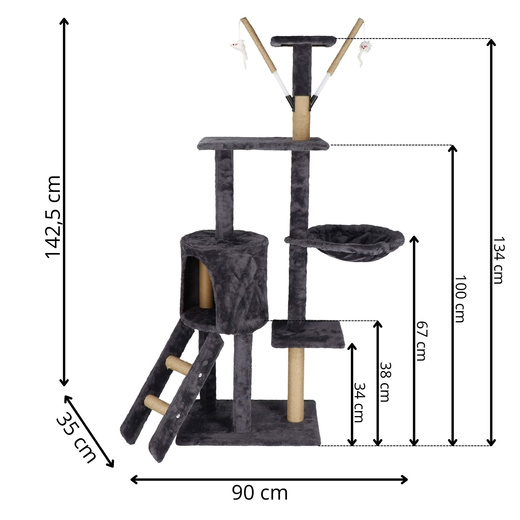 Drapak dla kota sizal 6-poziomowy słupek z domkiem i zabawkami 142,5 cm