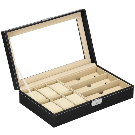 Szkatułka na zegarki 30x20x8cm czarno-kremowy, ekoskóra organizer z przegródkami i lusterkiem