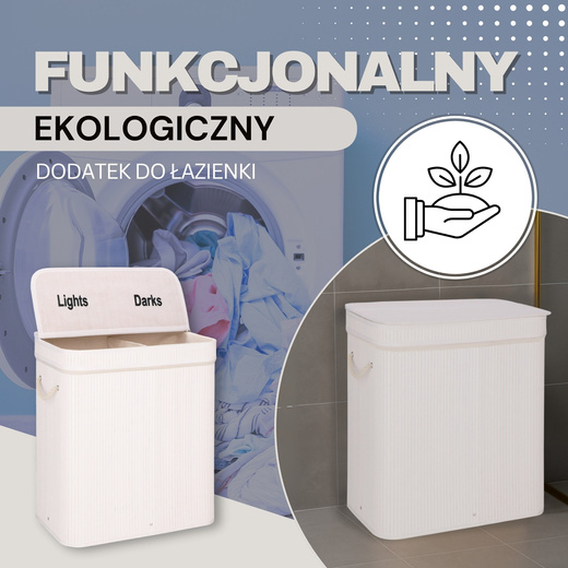 Kosz na pranie 100L z pokrywą biały bambus dwukomorowy