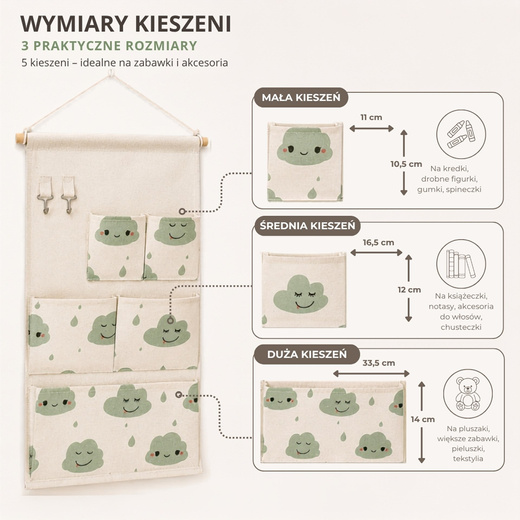 Organizer wiszący na zabawki 58 × 35 cm, 5 kieszeni, beżowy w chmurki
