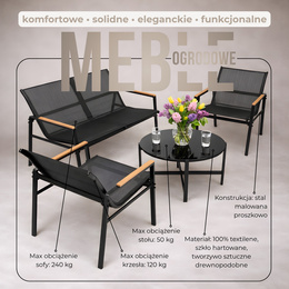 Meble ogrodowe, zestaw dla 4 osób sofa, krzesła, stolik metalowe, czarne