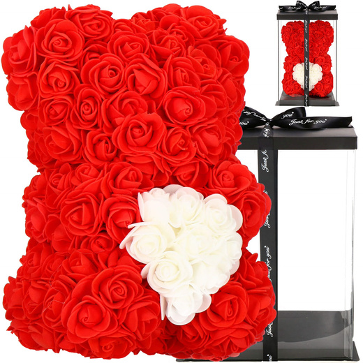 Miś z płatków róż czerwony 25 cm rose bear z białym sercem