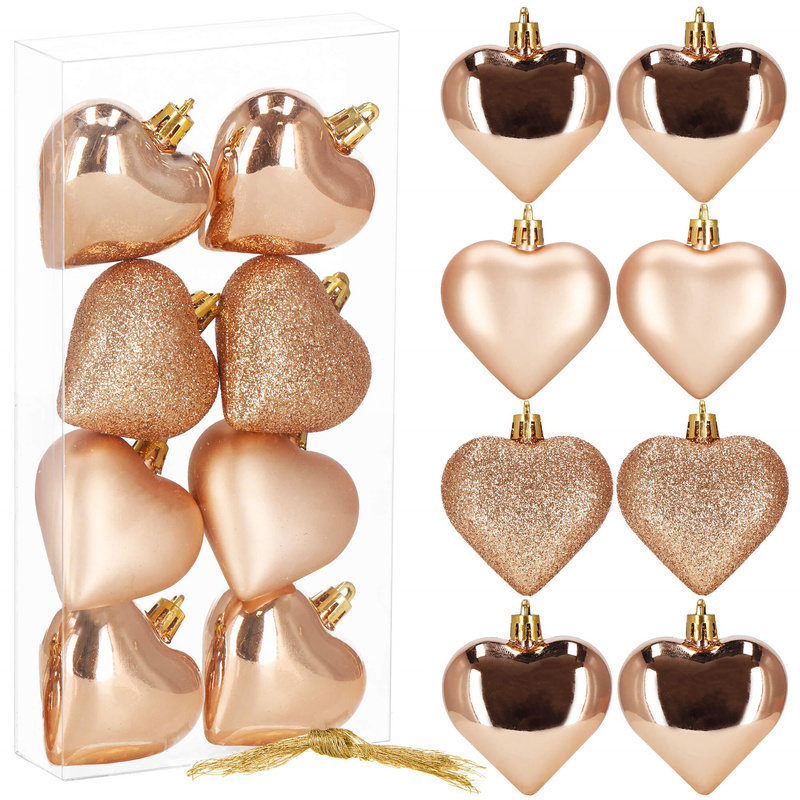 Bombki choinkowe 8 szt. ozdoby świąteczne 7 cm serca, rose gold
