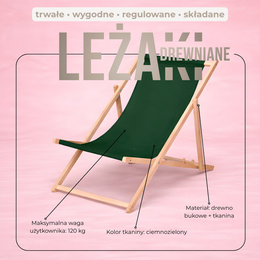Leżak ogrodowy, drewniany z 3-stopniową regulacją, plażowy, balkonowy, ciemnozielony