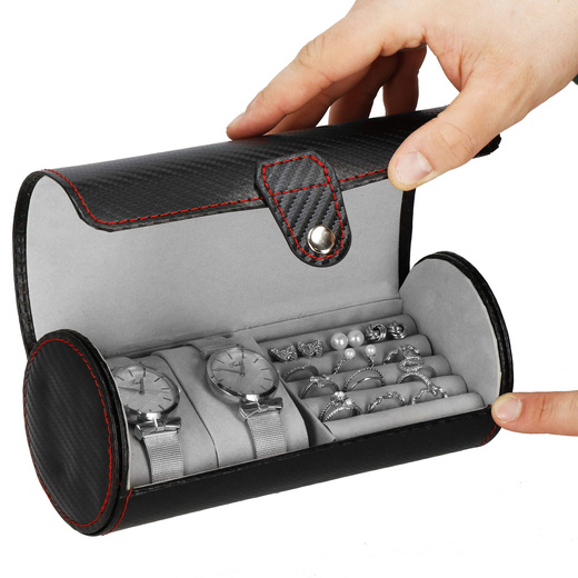 Szkatułka na zegarki czarna carbon organizer z 2 przegródkami