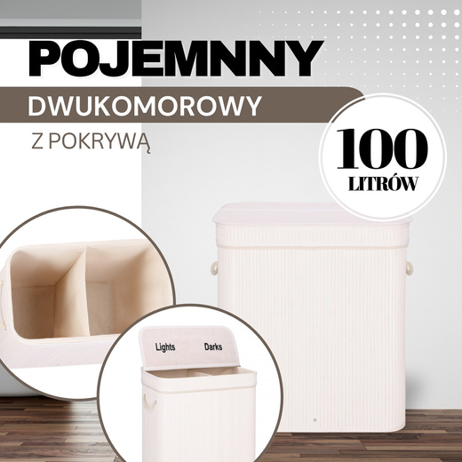 Kosz na pranie 100L z pokrywą biały bambus dwukomorowy
