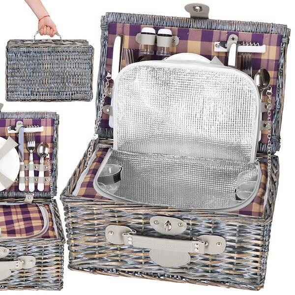 Kosz piknikowy z wyposażeniem, termiczny 42x27x20 cm wiklinowy, szary