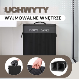 Kosz na pranie 100L z pokrywą czarny bambus dwukomorowy czarny