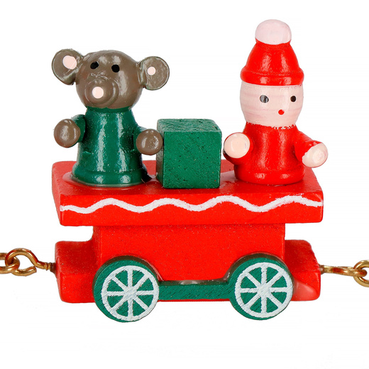 Drewniany pociąg z wagonikami, dekoracja, ozdoba świąteczna, wystrój wnętrz