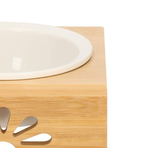 Miska dla psa i kota ceramiczna z antypoślizgową, bambusową podstawką biała