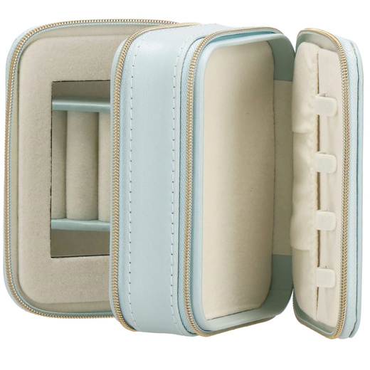 Szkatułka na biżuterię ekoskóra 11,5x8,5x5,5 cm błękitny organizer z przegródkami i lusterkiem