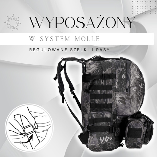 Plecak trekkingowy, turystyczny 50 L wojskowy kryptek czarno-szary