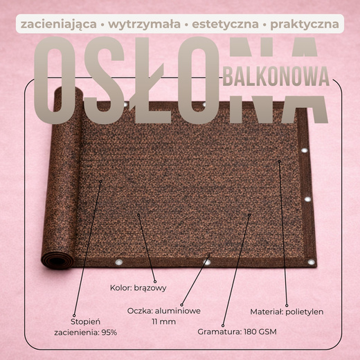 Osłona balkonowa, maskująca 100x500 cm mata na balkon zacieniająca 95% brązowa