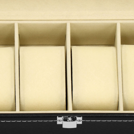 Szkatułka na zegarki 30x11x8 cm czarno-kremowy, ekoskóra organizer z przegródkami i okienkiem