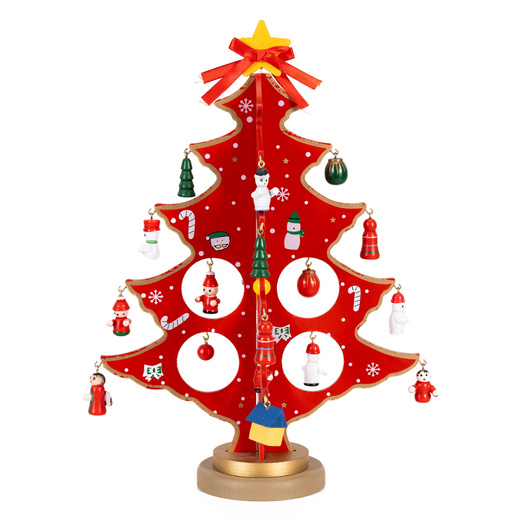 Choinka drewniana świąteczna 29 cm z figurkami dekoracja bożonarodzeniowa czerwona