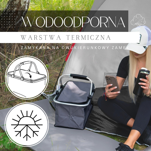 Torba termiczna 30L kosz termiczny piknikowy na jedzenie szary