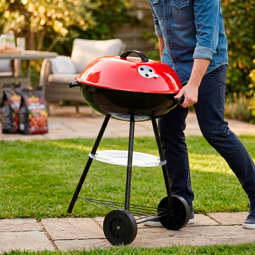 Grill węglowy, zamykany pokrywą okrągły, ruszt 41 cm przenośny, czarno-czerwony