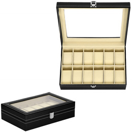 Szkatułka na zegarki 30x20x8 cm czarno-kremowa, ekoskóra organizer z 12 przegródkami