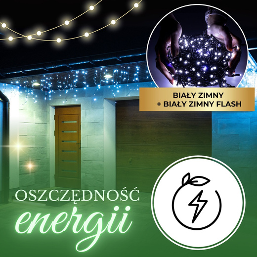 Kurtyna świetlna 300 led girlanda, lampki zewnętrzne sople zimny biały + flash