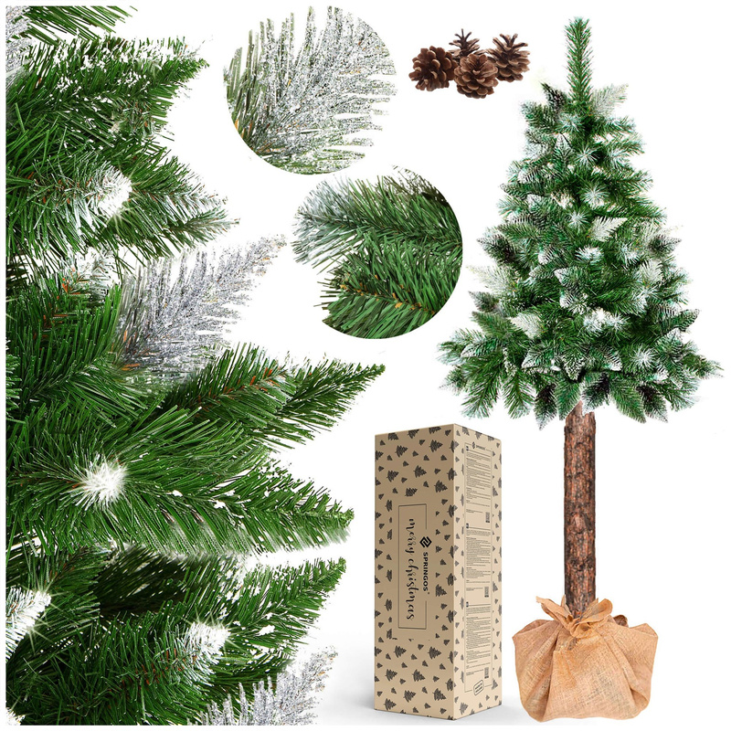 Choinka na pniu 140 cm sztuczna sosna diamentowa ośnieżona premium ze stojakiem i jutą