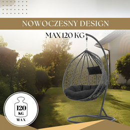 Kokon ogrodowy rattanowy z poduszkami fotel wiszący bujak huśtawka na metalowym stelażu szara
