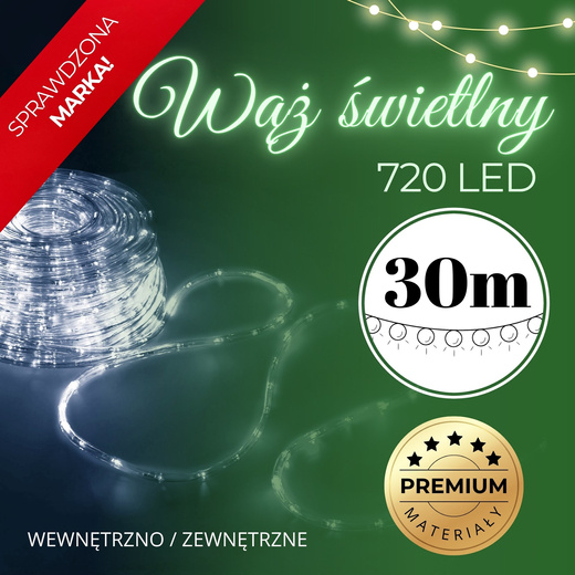 Wąż świetlny 720 Led biały zimny 30m z programatorem IP44
