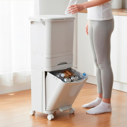 Kosz na śmieci, trzykomorowy 42 l do segregacji odpadów, na kółkach, biały