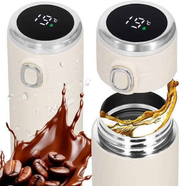 Kubek termiczny 420 ml ze stali nierdzewnej na kawę herbatę, z wyświetlaczem temp. kremowy