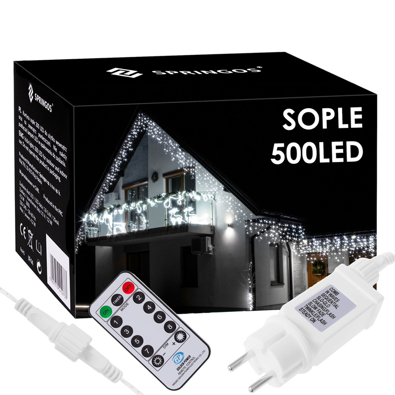 Kurtyna świetlna z pilotem 500 led girlanda, lampki wewnętrzno-zewnętrzne sople zimny biały