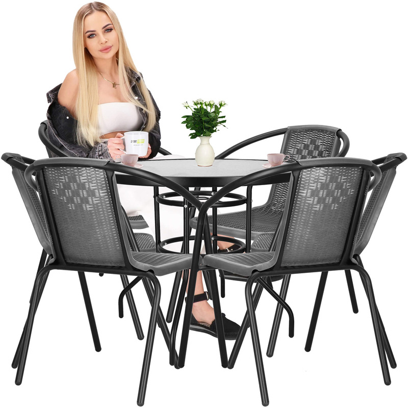 Meble ogrodowe: 6 krzeseł metalowych i okragły stół ze szklanym blatem zestaw czarno-szary
