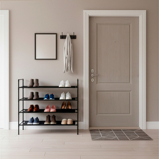 Regał na buty 4 poziomy szafka metalowa z półkami na obuwie 75x72x28 cm czarna