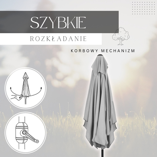 Parasol ogrodowy 240 cm duży składany z korbką na balkon, taras jasnoszary